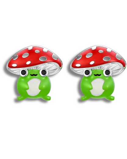 Cute Tiny Mushroom Frog Stud Earrings Sterling Silver