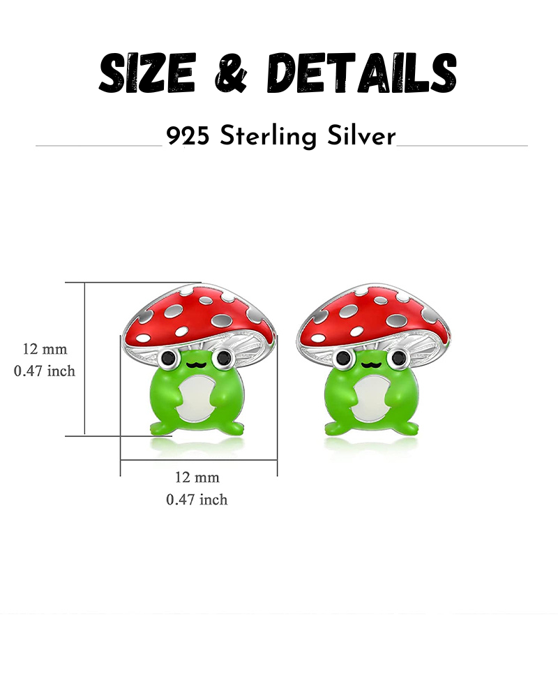 Cute Tiny Mushroom Frog Stud Earrings Sterling Silver