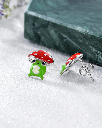 Cute Tiny Mushroom Frog Stud Earrings Sterling Silver