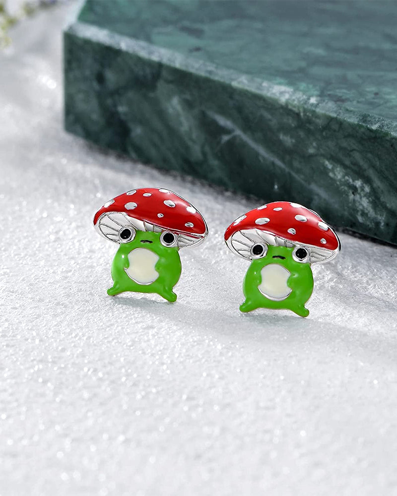 Cute Tiny Mushroom Frog Stud Earrings Sterling Silver