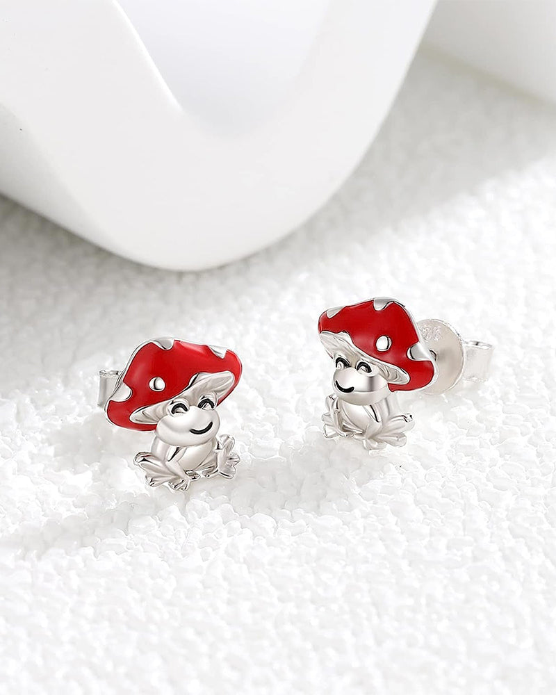 Frog Stud Earrings Cute Mushroom Sterling Silver