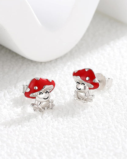 Frog Stud Earrings Cute Mushroom Sterling Silver