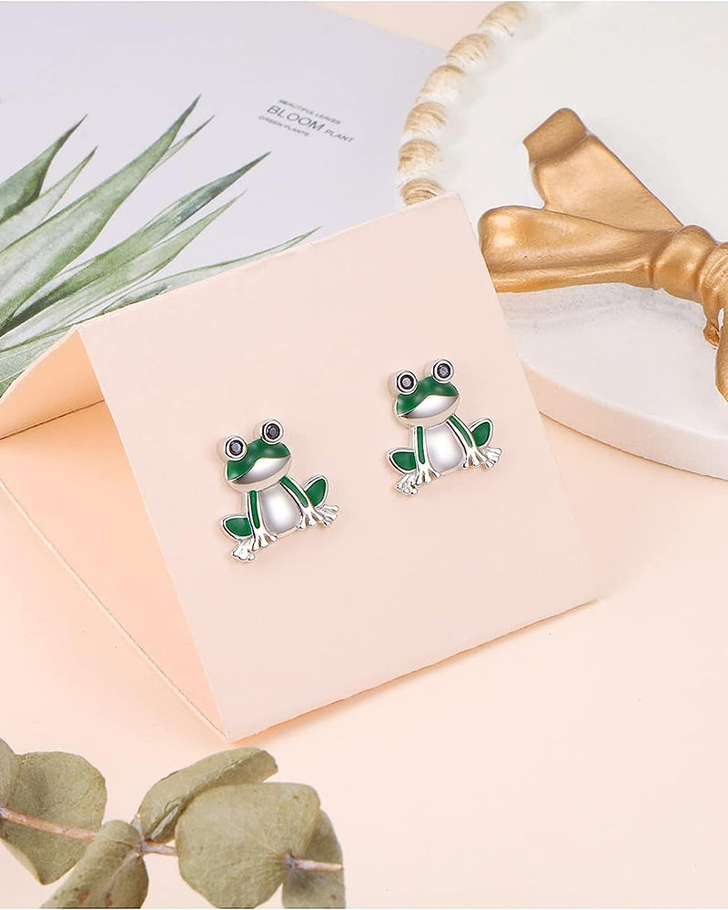 Green Frog Stud Earrings Sterling Silver