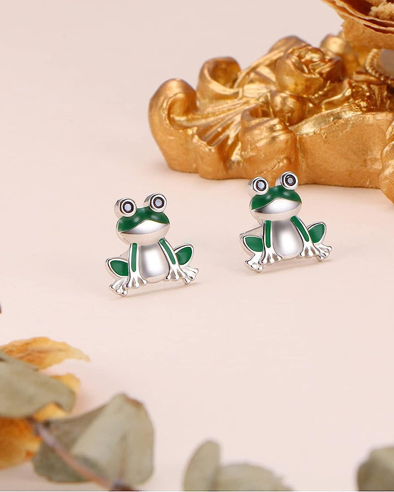 Green Frog Stud Earrings Sterling Silver