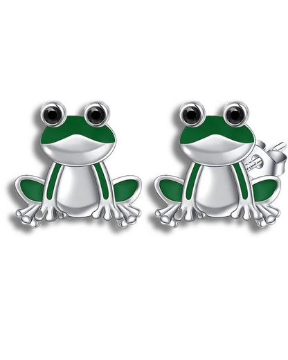 Green Frog Stud Earrings Sterling Silver