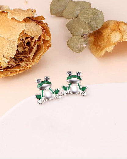 Green Frog Stud Earrings Sterling Silver