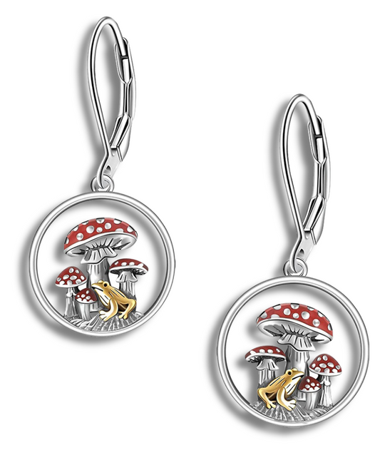 Rounde  Frog&Mushroom Sterling Silver Dangle Earrings