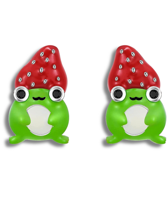 Cute Tiny Strawberry Frog Stud Earrings Sterling Silver