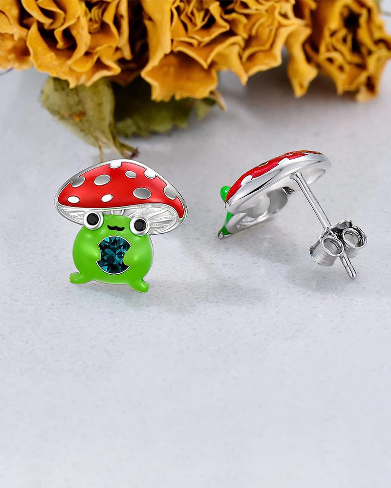 Cute Tiny Mushroom Frog Emerald Stud Earrings Sterling Silver