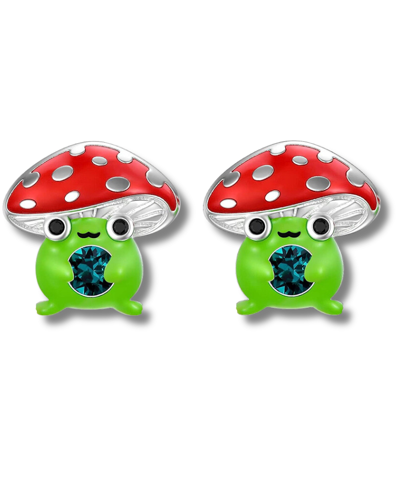 Cute Tiny Mushroom Frog Emerald Stud Earrings Sterling Silver