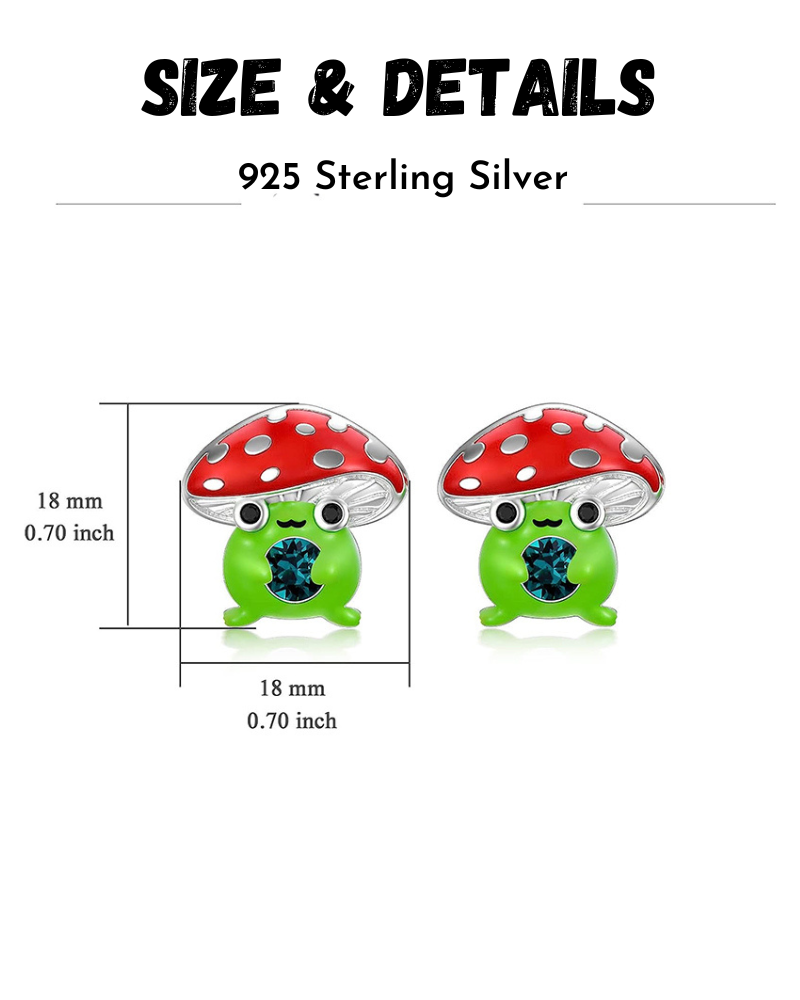 Cute Tiny Mushroom Frog Emerald Stud Earrings Sterling Silver