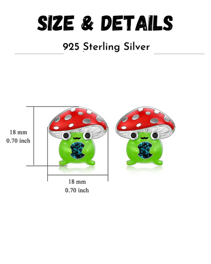 Cute Tiny Mushroom Frog Emerald Stud Earrings Sterling Silver