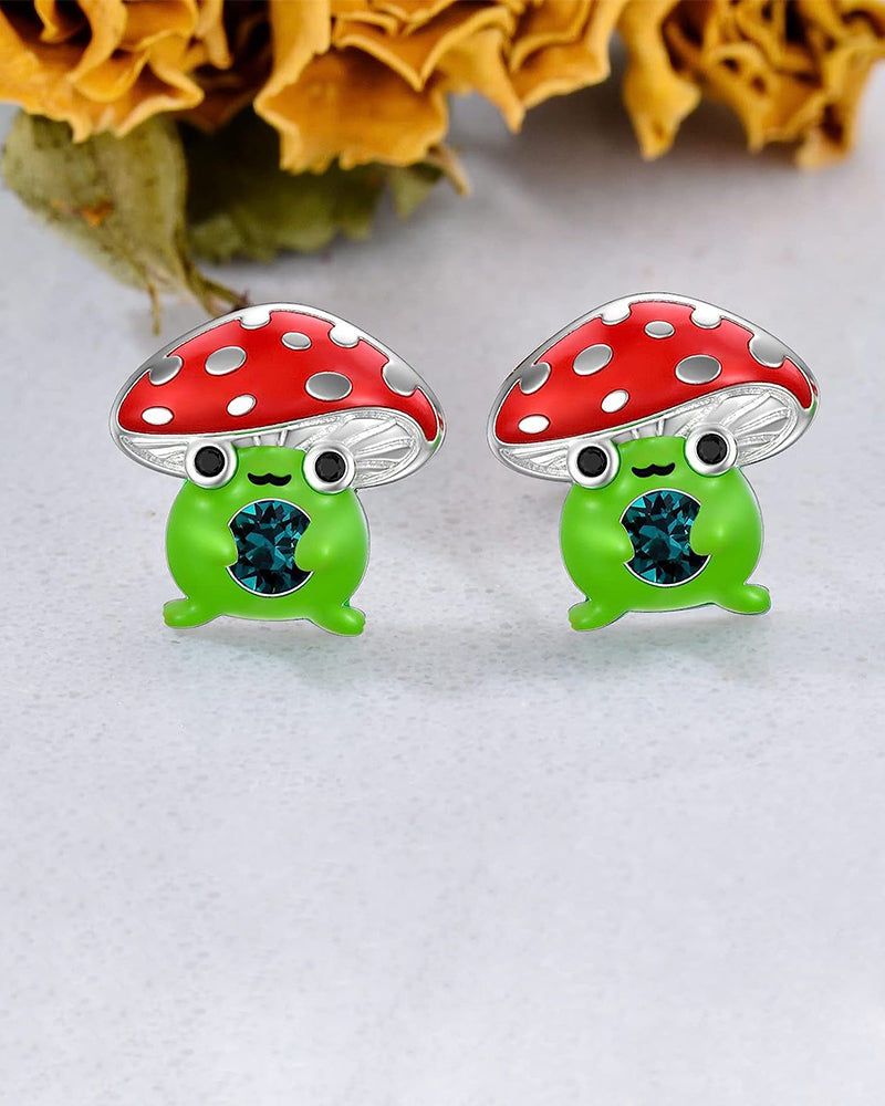 Cute Tiny Mushroom Frog Emerald Stud Earrings Sterling Silver